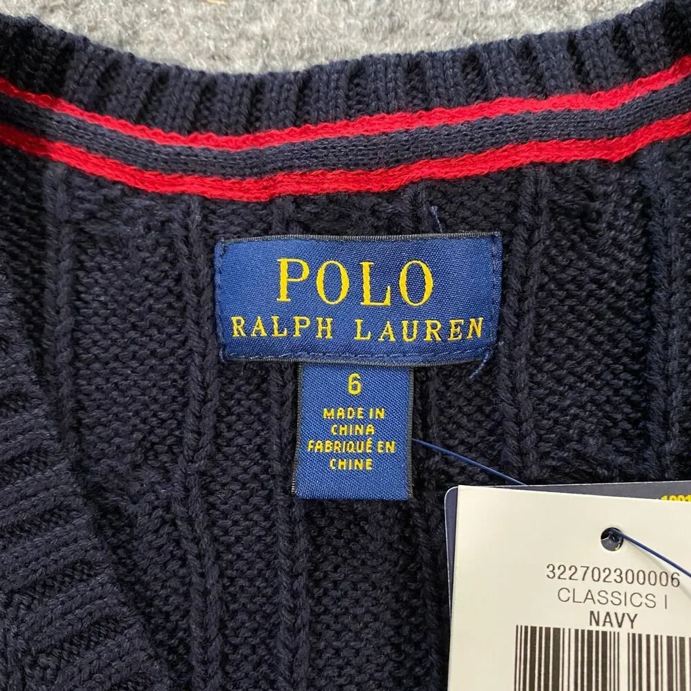 Polo Ralph Lauren Cable Knit V-Neck Sweater Vest Youth Boys 6 Navy Blue Red Pony - Picture 7 of 14